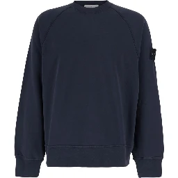 Blue Crewneck sweatshirt with logo patch on the sleeve in cotton for men