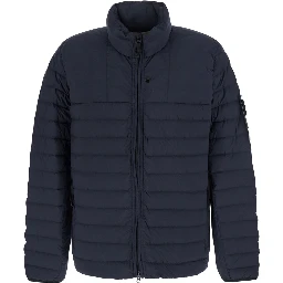 Blue High Collar Down Jacket with Logo Patch on Sleeve in Tech Fabric for Men