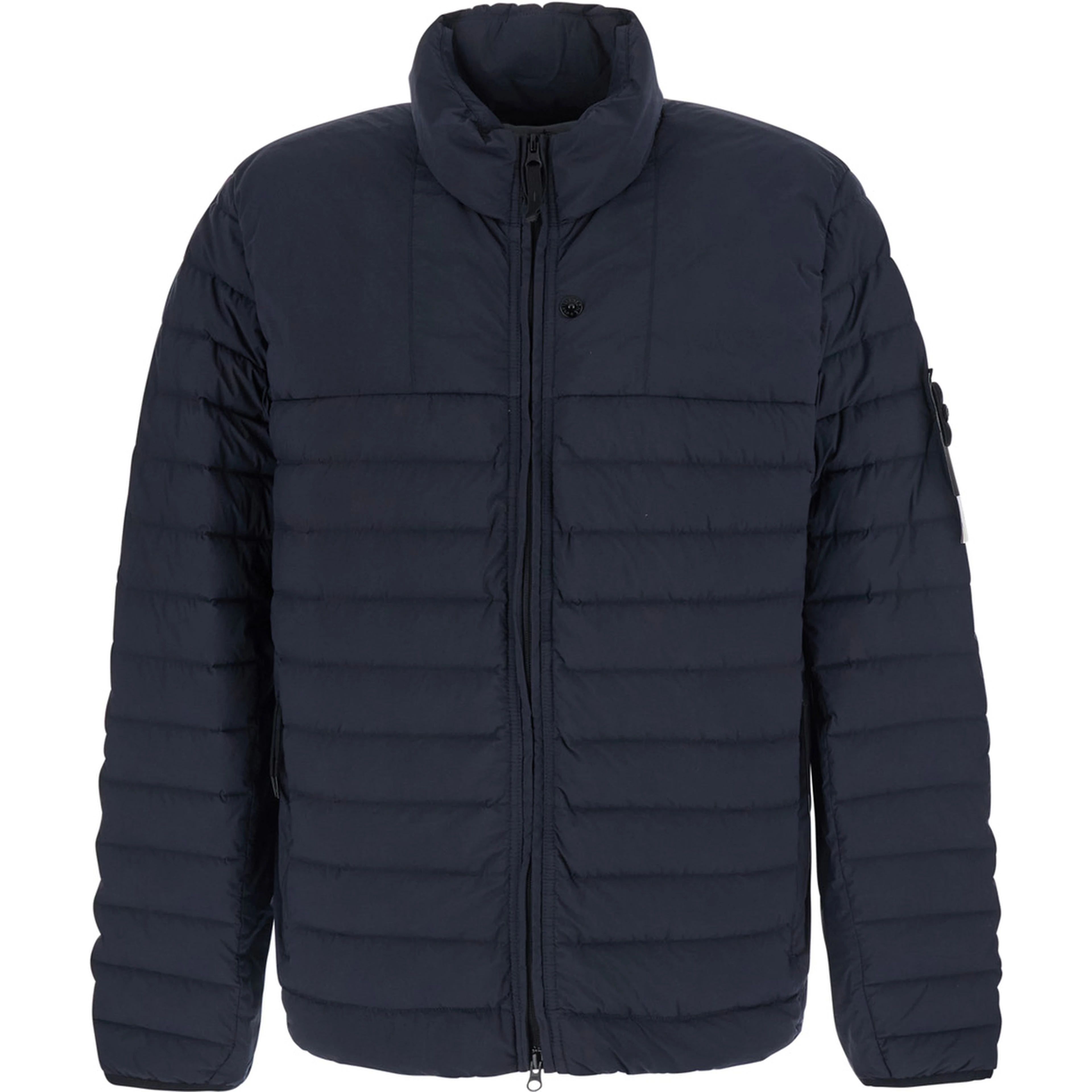 Blue High Collar Down Jacket with Logo Patch on Sleeve in Tech Fabric for Men
