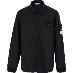 Black Jacket with logo patch on the sleeve and crinkled design in tech fabric for men