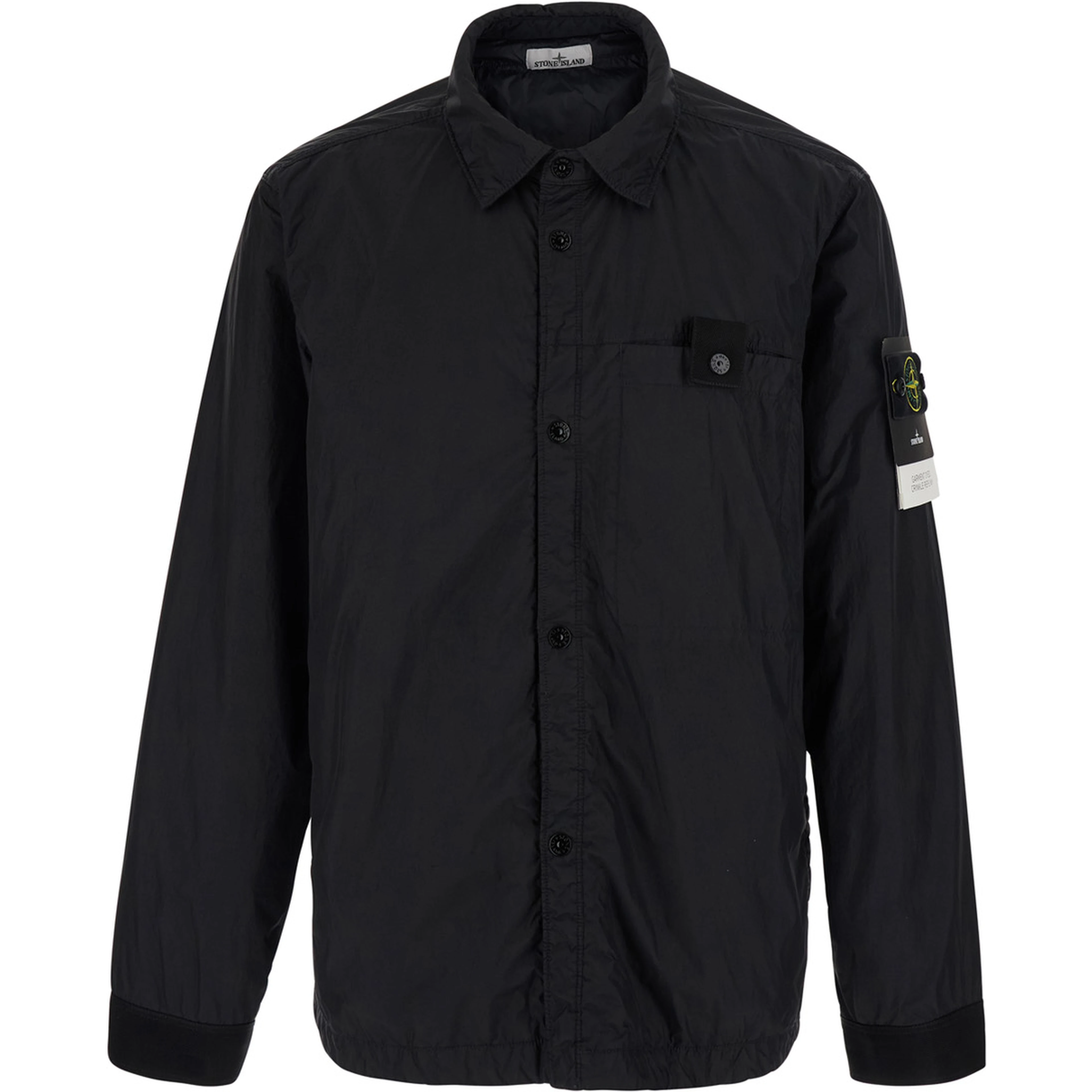 Black Jacket with logo patch on the sleeve and crinkled design in tech fabric for men