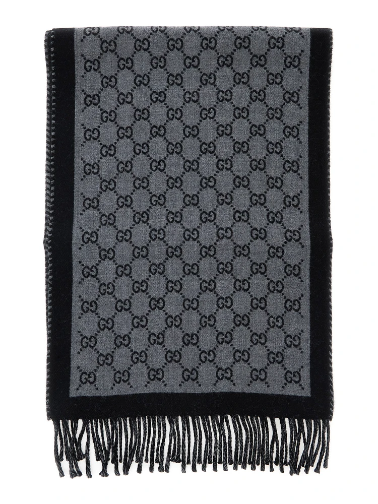 Scarf GG with Fringed Edge in Gray Wool Men