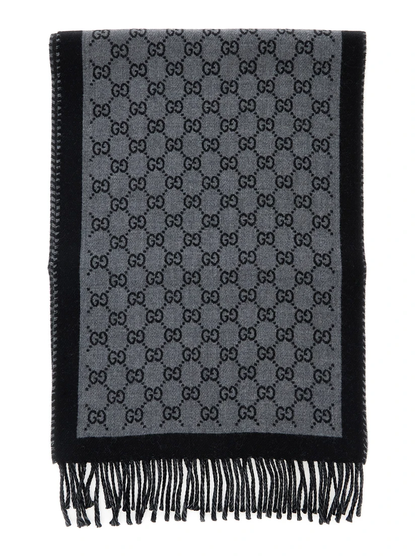 Scarf GG with Fringed Edge in Gray Wool Men