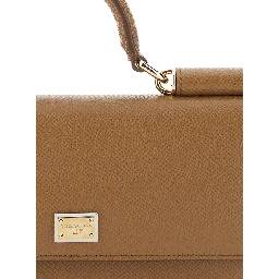 Brown Mini Bag with Chain Strap and Logo Plate on the Front in Leather for Women