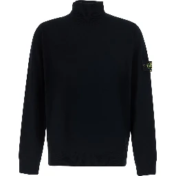Black Sweater with high collar and logo patch on the sleeve in Cotton Men
