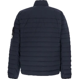 Blue High Collar Down Jacket with Logo Patch on Sleeve in Tech Fabric for Men