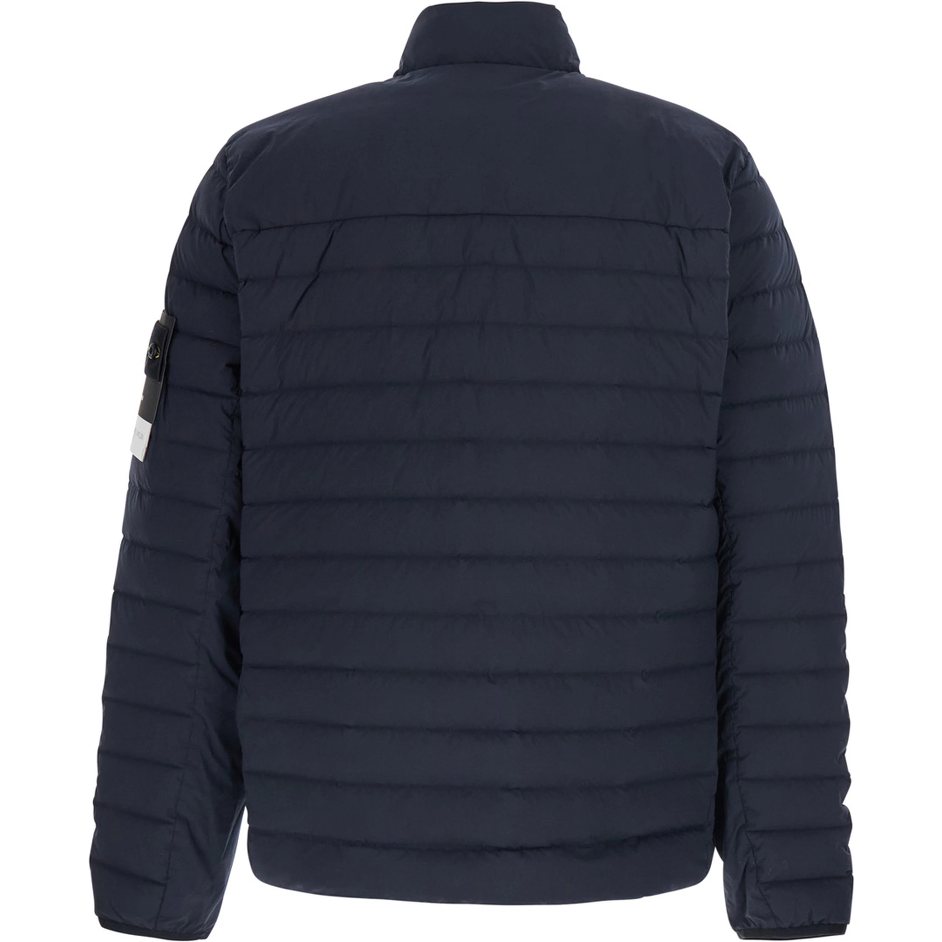 Blue High Collar Down Jacket with Logo Patch on Sleeve in Tech Fabric for Men