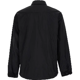 Black Jacket with logo patch on the sleeve and crinkled design in tech fabric for men