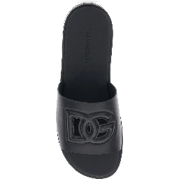 Black Leather Cut-Out Logo Detail Sandals for Men