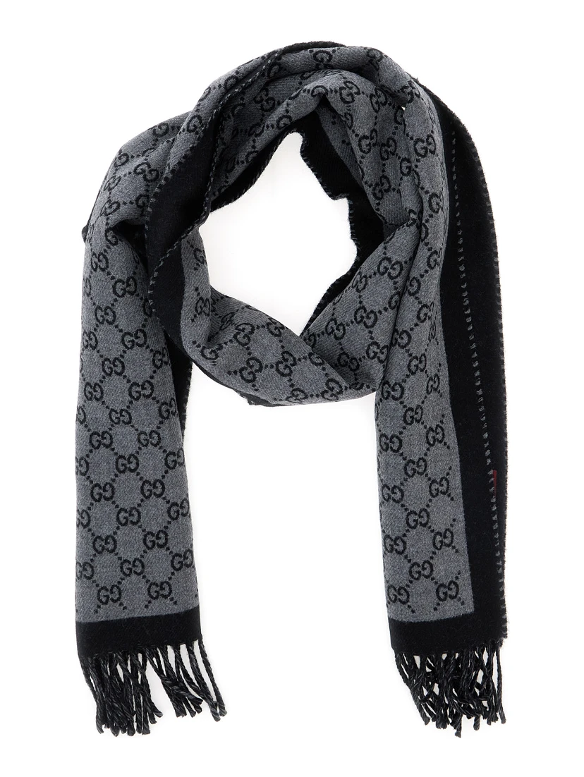 Scarf GG with Fringed Edge in Gray Wool Men