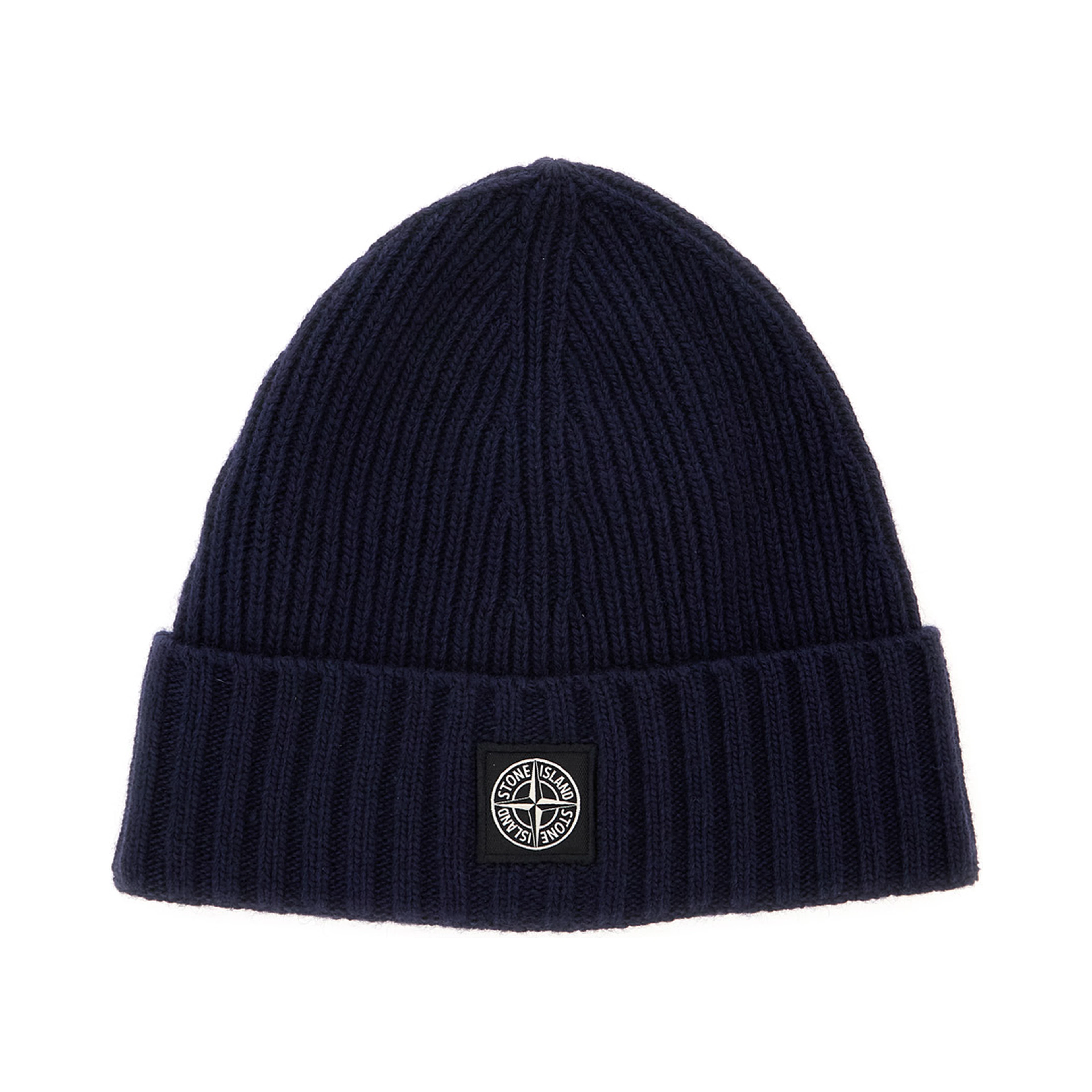 Blue beanie with turn-up brim and logo patch on the front in blend wool boy