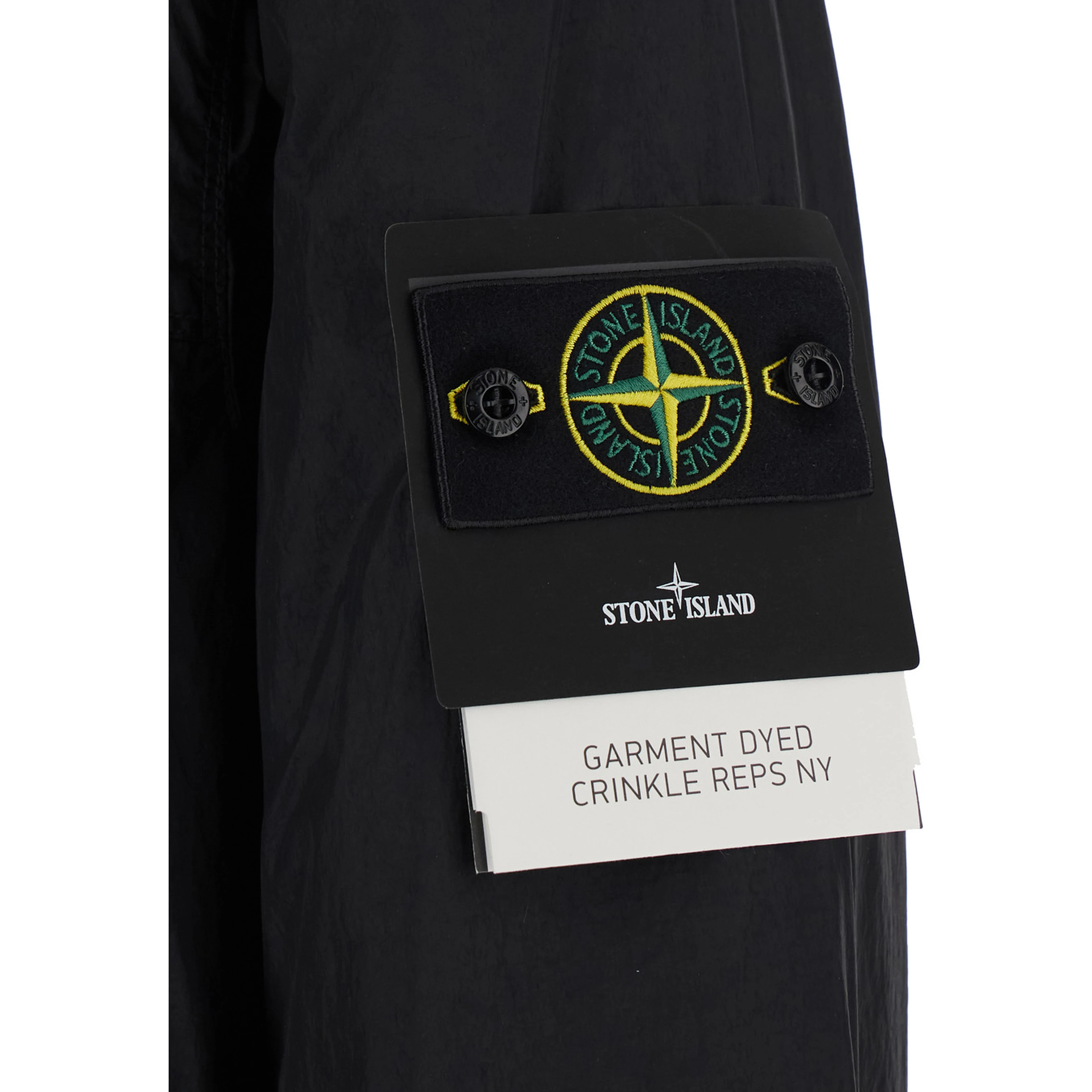 Black Jacket with logo patch on the sleeve and crinkled design in tech fabric for men