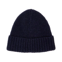 Blue beanie with turn-up brim and logo patch on the front in blend wool boy