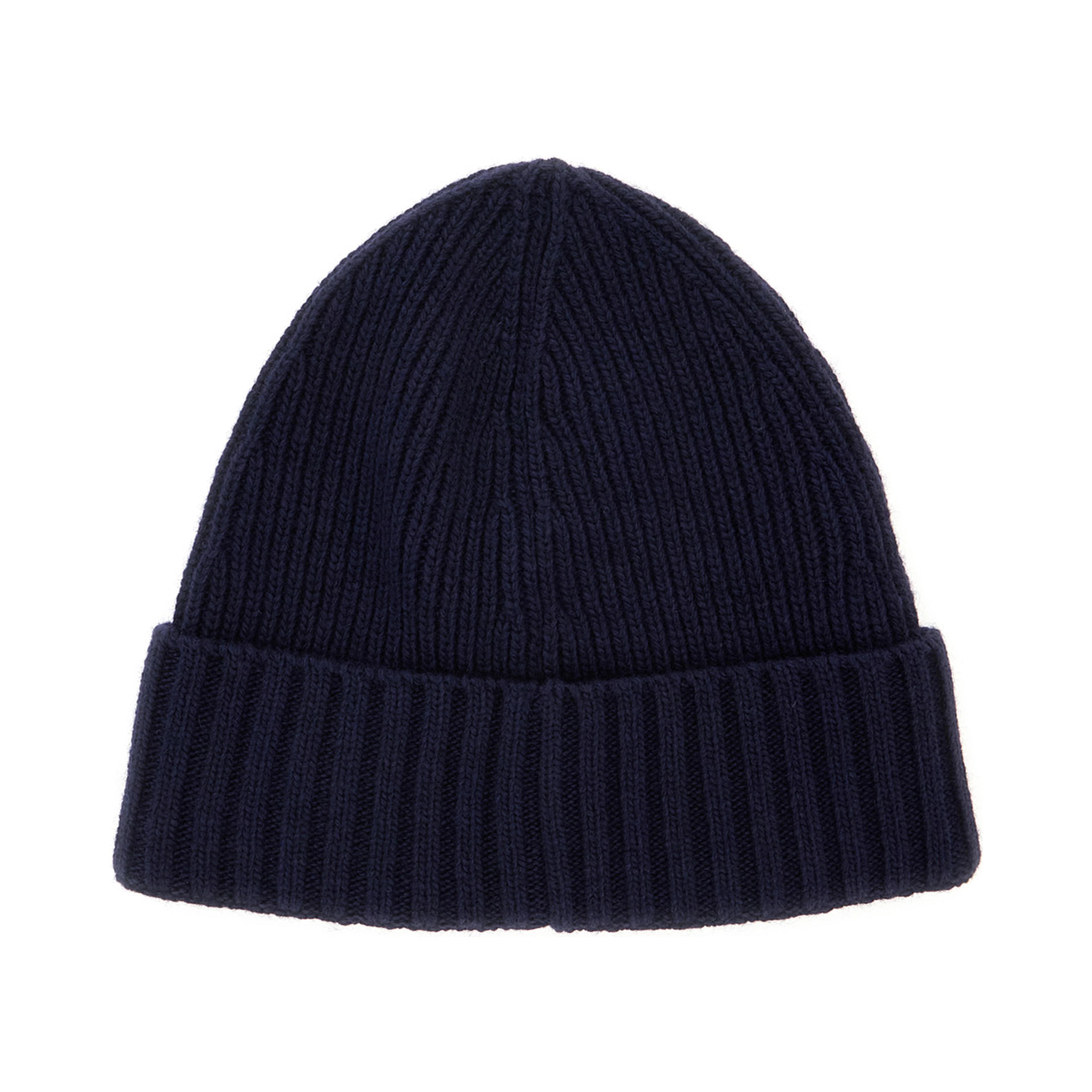 Blue beanie with turn-up brim and logo patch on the front in blend wool boy