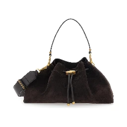 Bon Bon Brown Shoulder bag with Drawstring Closure and Embossed Logo on Front in Suede for Women