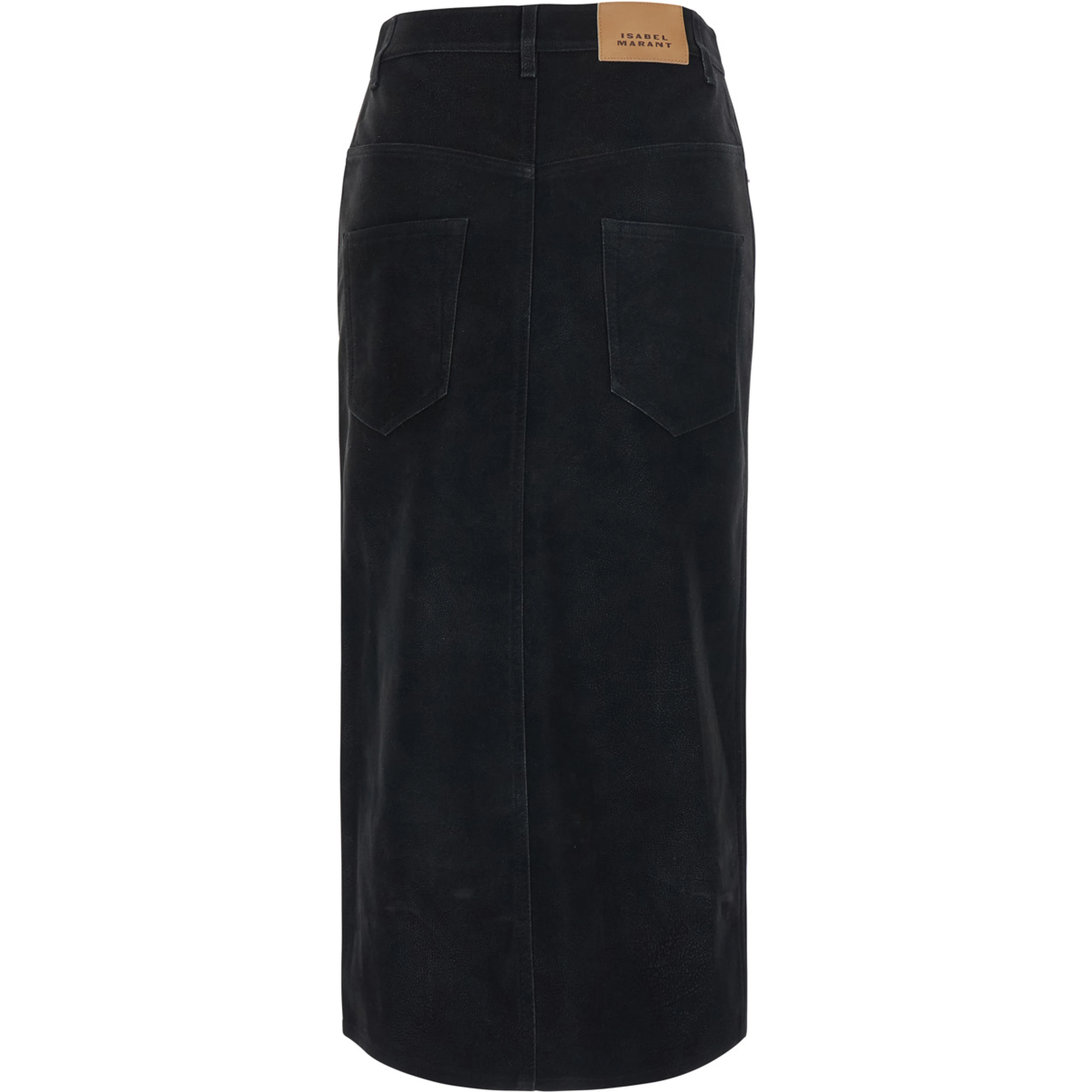 BISANE black skirt with logo patch on the back in leather-effect fabric for women