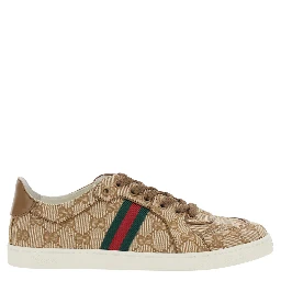 Stretch Beige Sneaker with all-over GG motif and Web detail in fabric and leather women