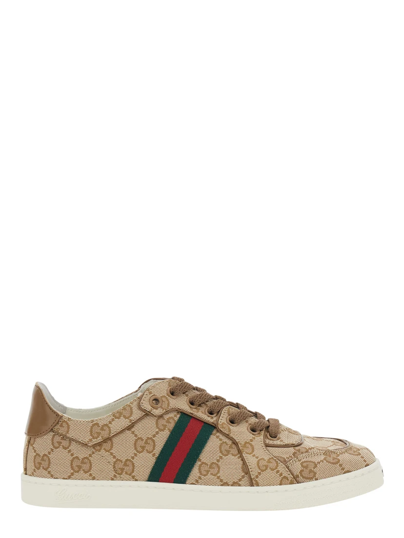 Stretch Beige Sneaker with all-over GG motif and Web detail in fabric and leather women