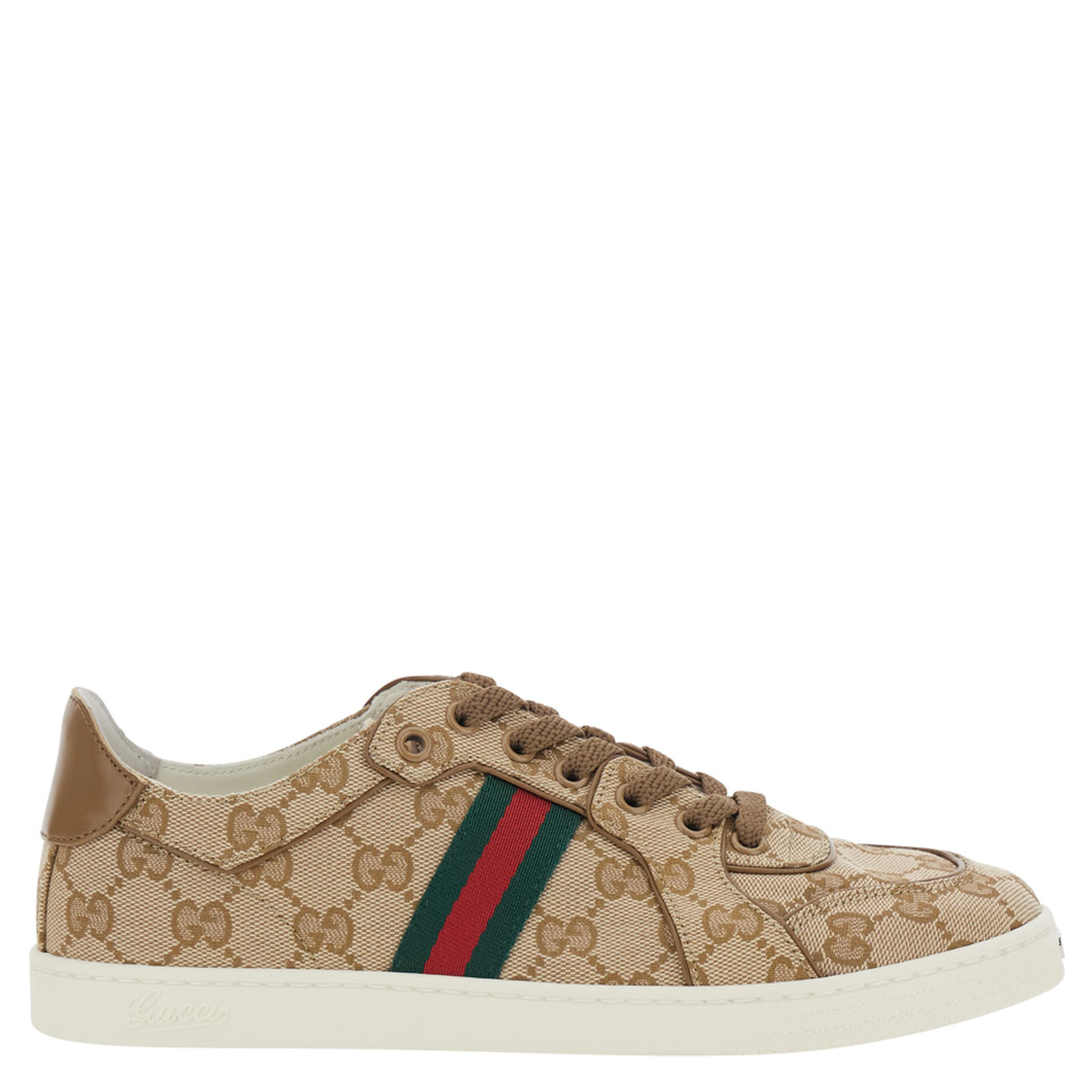 Stretch Beige Sneaker with all-over GG motif and Web detail in fabric and leather women