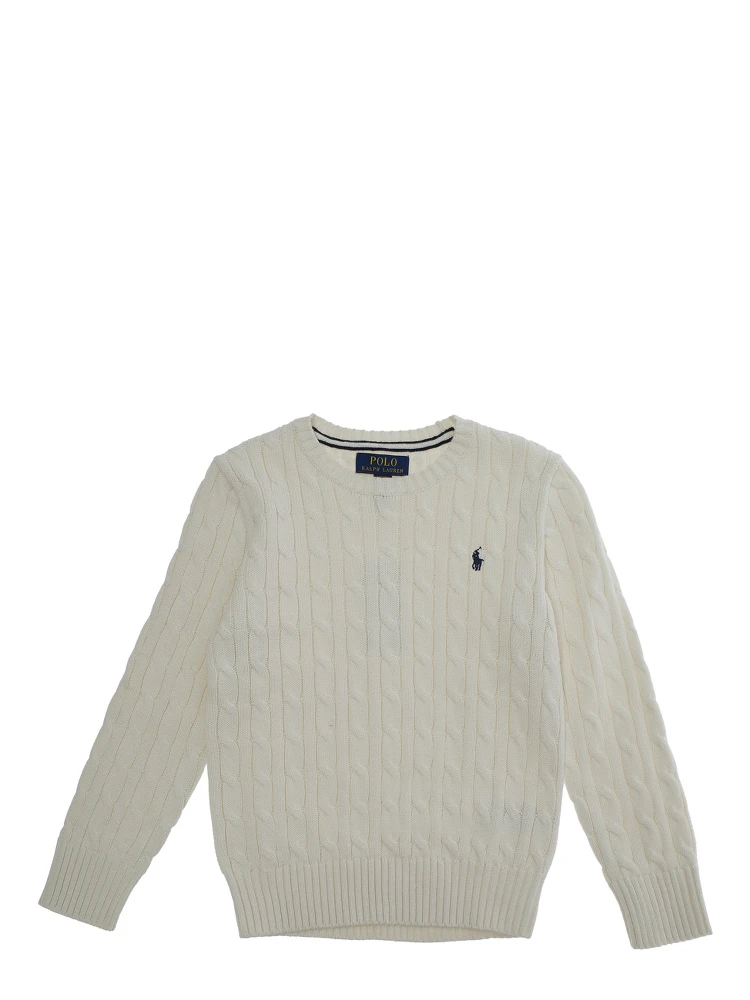 Crewneck Sweater with Pony Embroidery in White Cotton Boy
