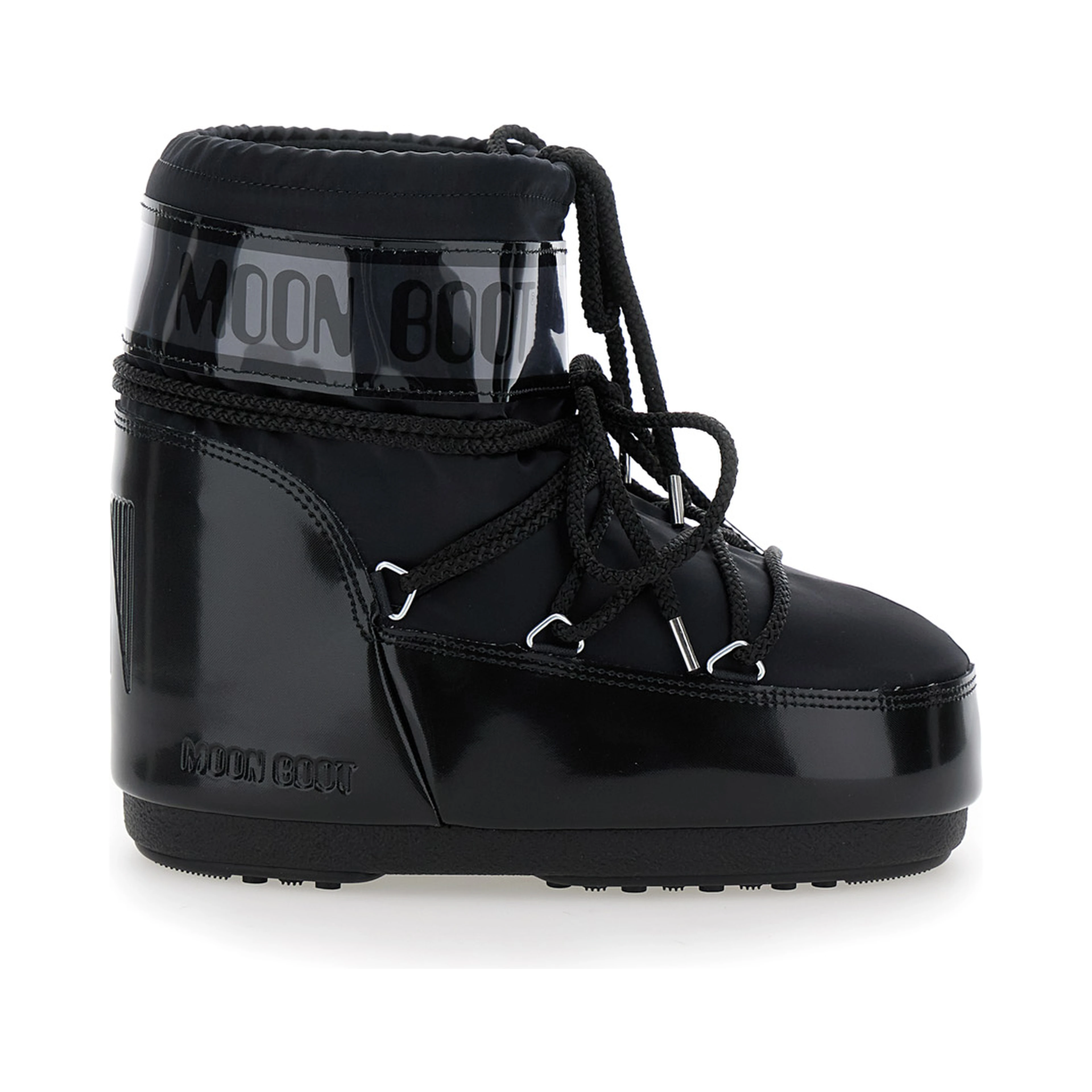 Snow boots with large logo print on the side and flat rubber sole black women