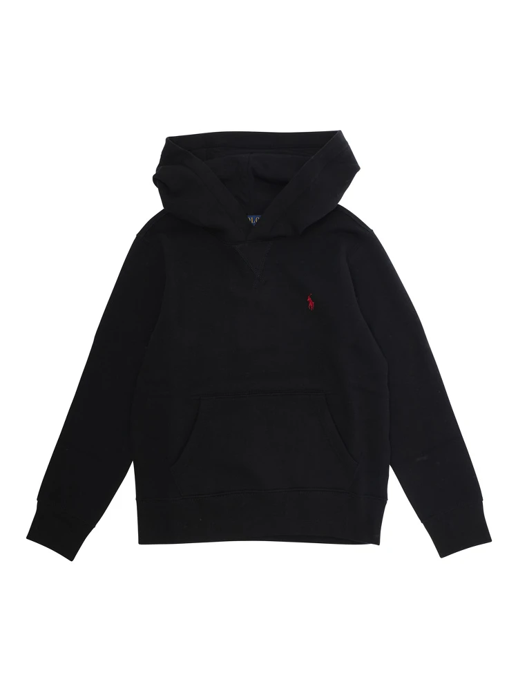 Hooded Sweatshirt with Fixed Hood and Pony Logo on the Front in Black Cotton Boy