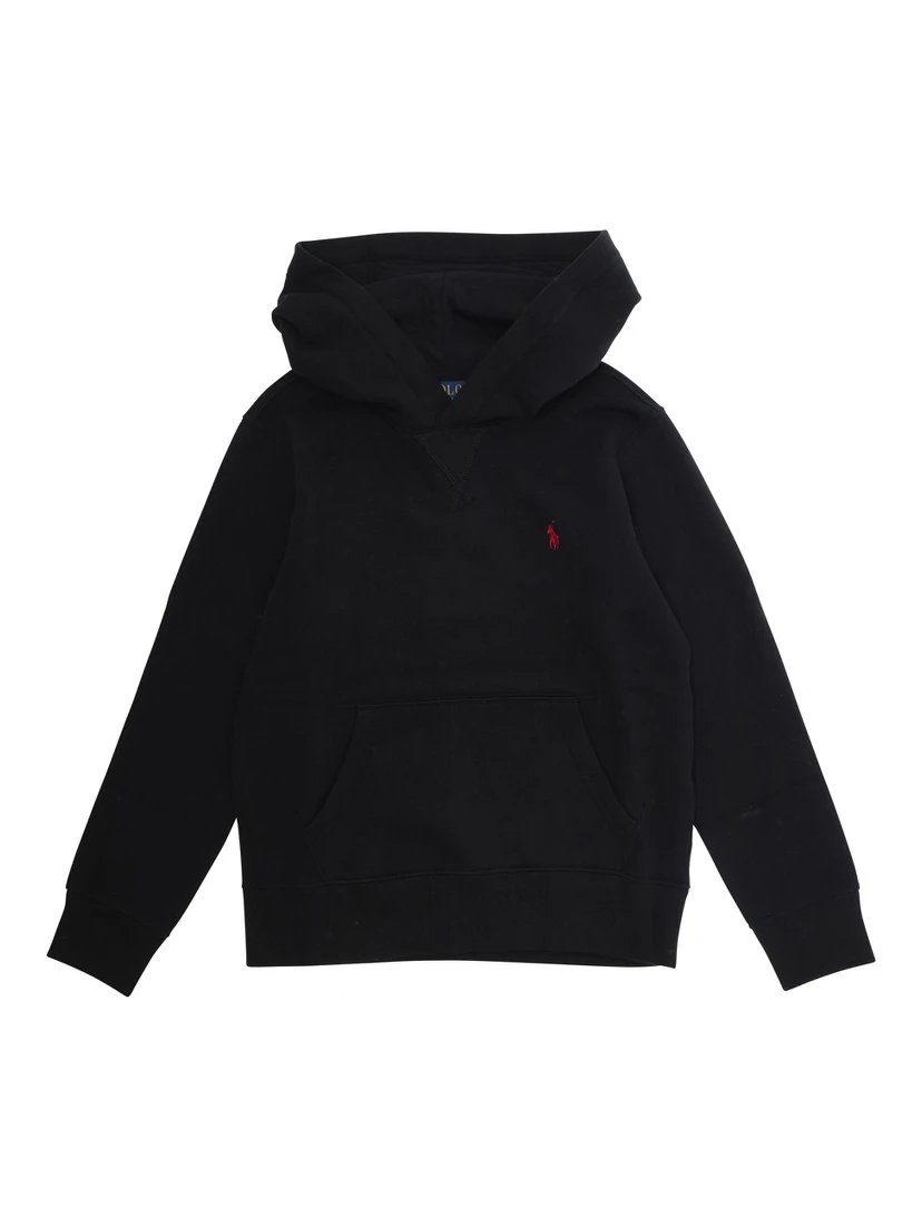 Hooded Sweatshirt with Fixed Hood and Pony Logo on the Front in Black Cotton Boy