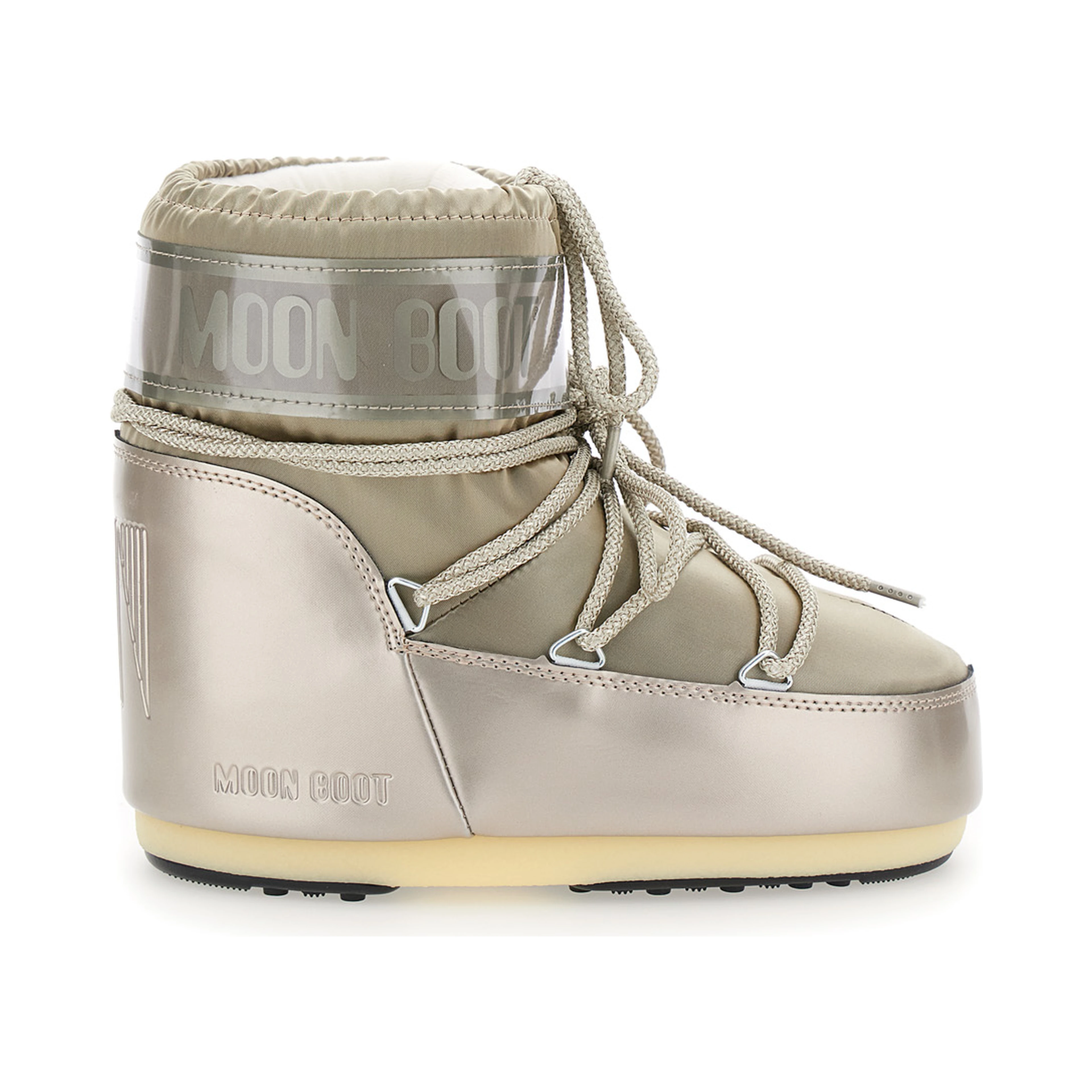 Snow boots with bow on the front and maxi logo print in metallic tech fabric for women