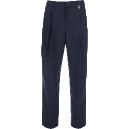 Black Trousers with Front Pleats and Logo Plate in Wool for Men