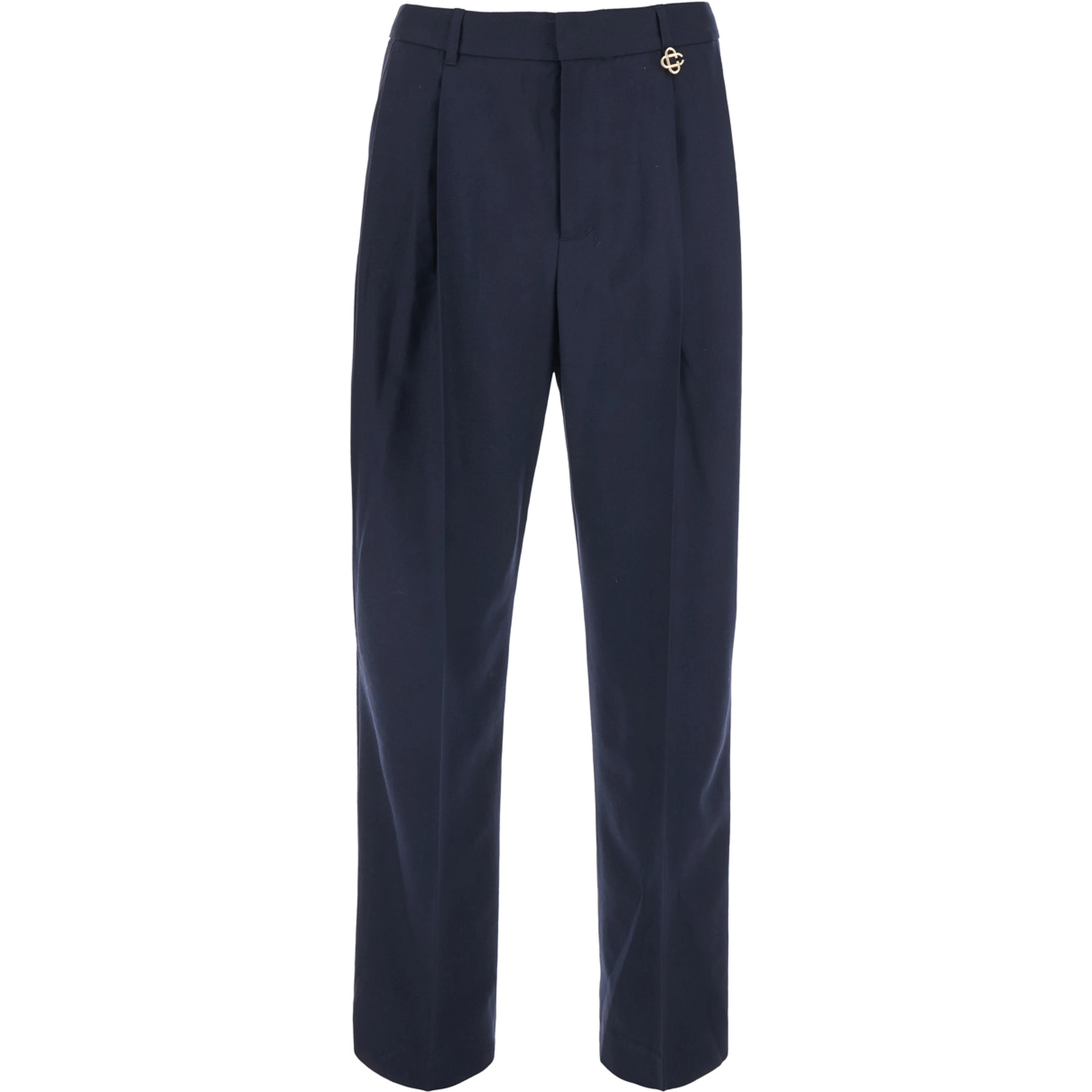 Black Trousers with Front Pleats and Logo Plate in Wool for Men