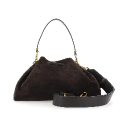 Bon Bon Brown Shoulder bag with Drawstring Closure and Embossed Logo on Front in Suede for Women