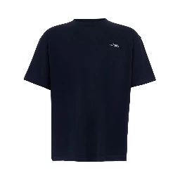 Blue Crew neck T-shirt with logo lettering embroidery on the front in cotton for men