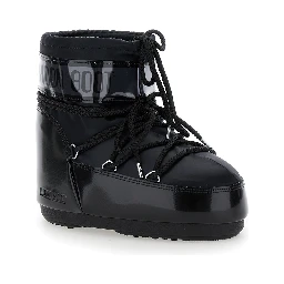 Snow boots with large logo print on the side and flat rubber sole black women