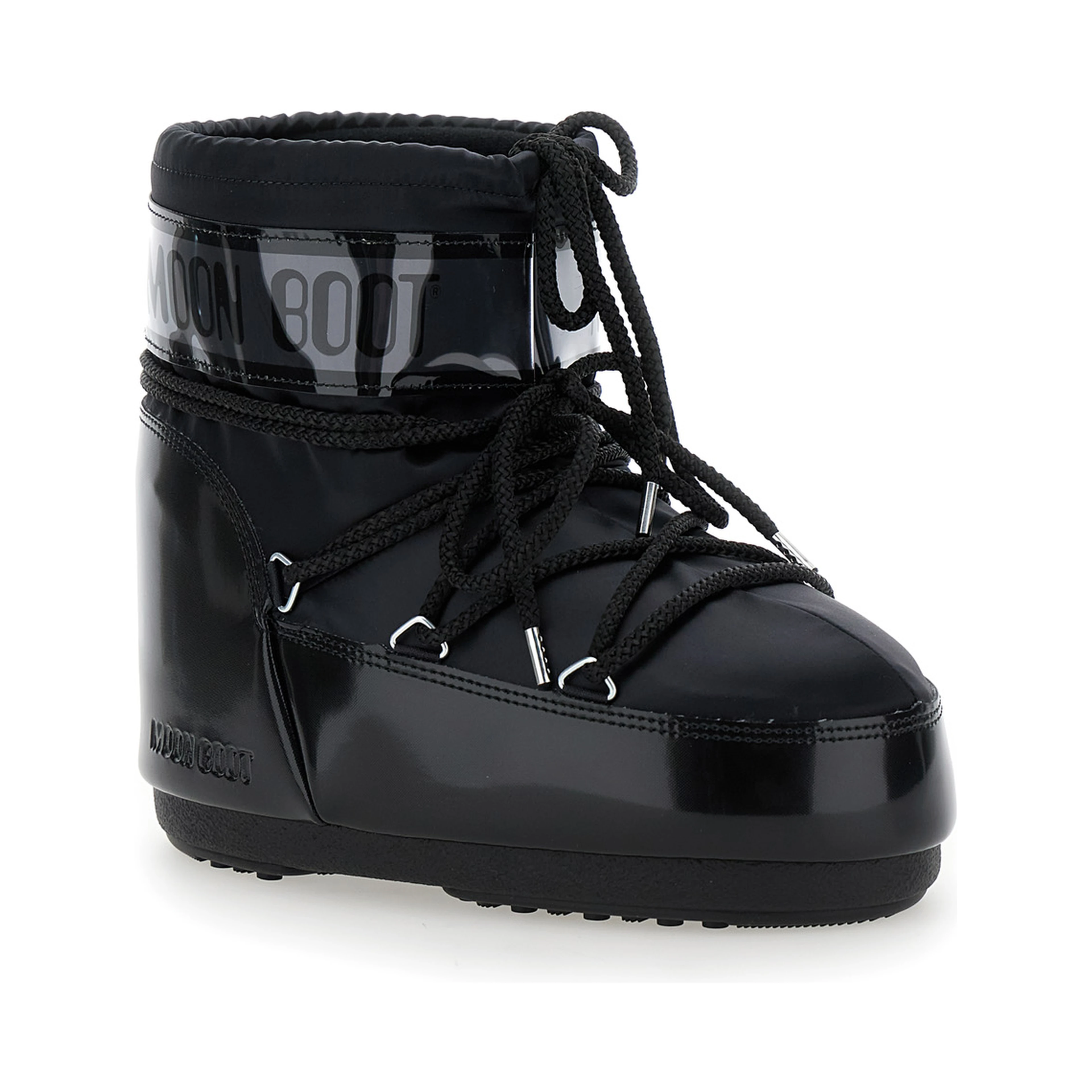 Snow boots with large logo print on the side and flat rubber sole black women