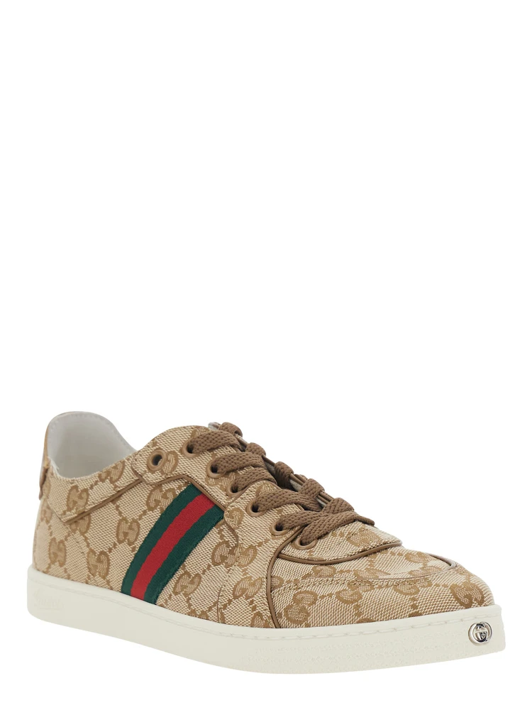 Stretch Beige Sneaker with all-over GG motif and Web detail in fabric and leather women alternative
