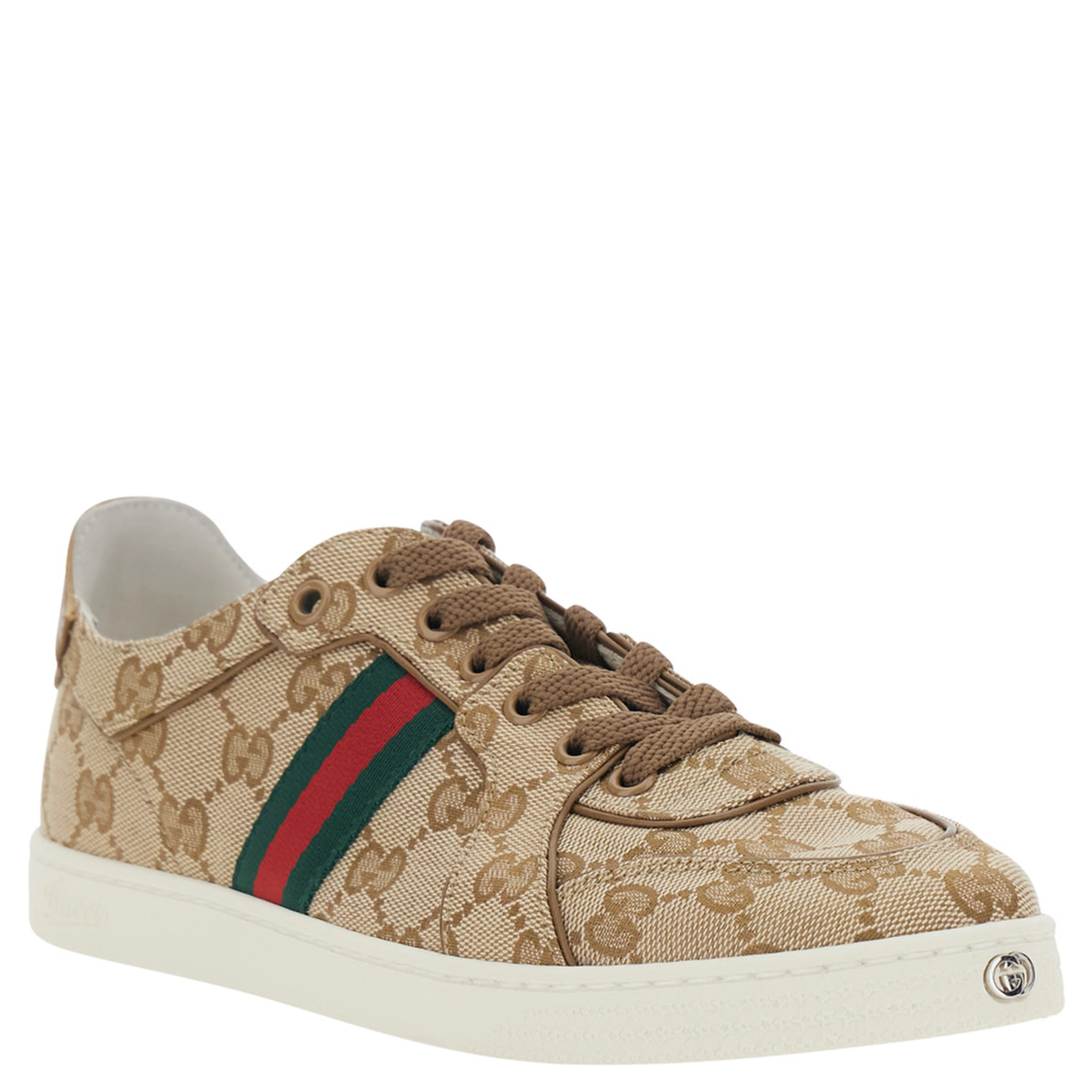 Stretch Beige Sneaker with all-over GG motif and Web detail in fabric and leather women
