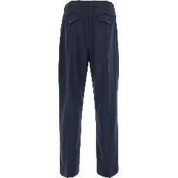 Black Trousers with Front Pleats and Logo Plate in Wool for Men