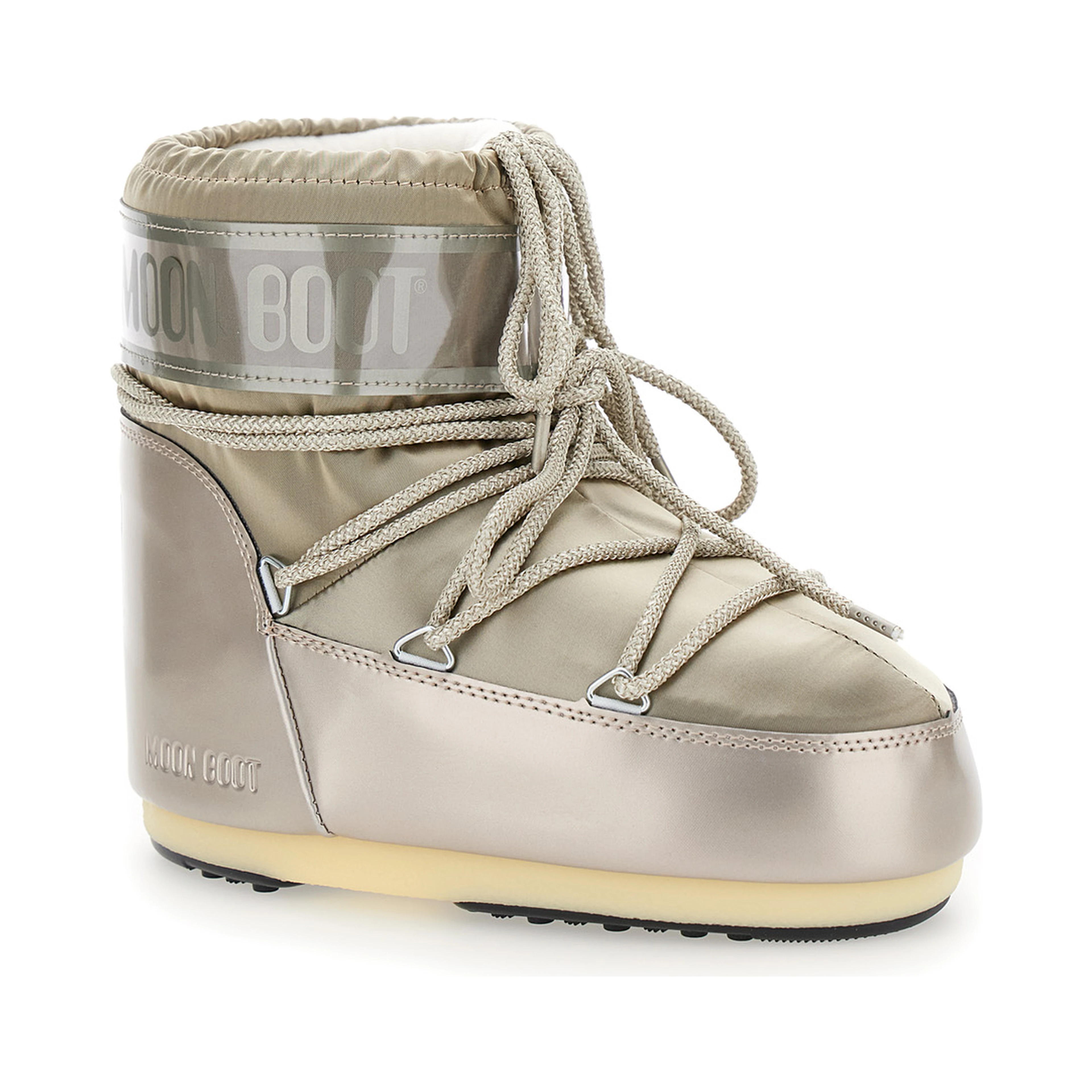 Snow boots with bow on the front and maxi logo print in metallic tech fabric for women