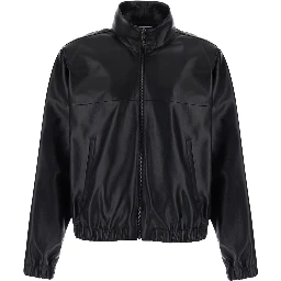 Black High Collar Jacket with Front Zip Closure and Cassandre Plaque on Zipper Pull in Leather for Men