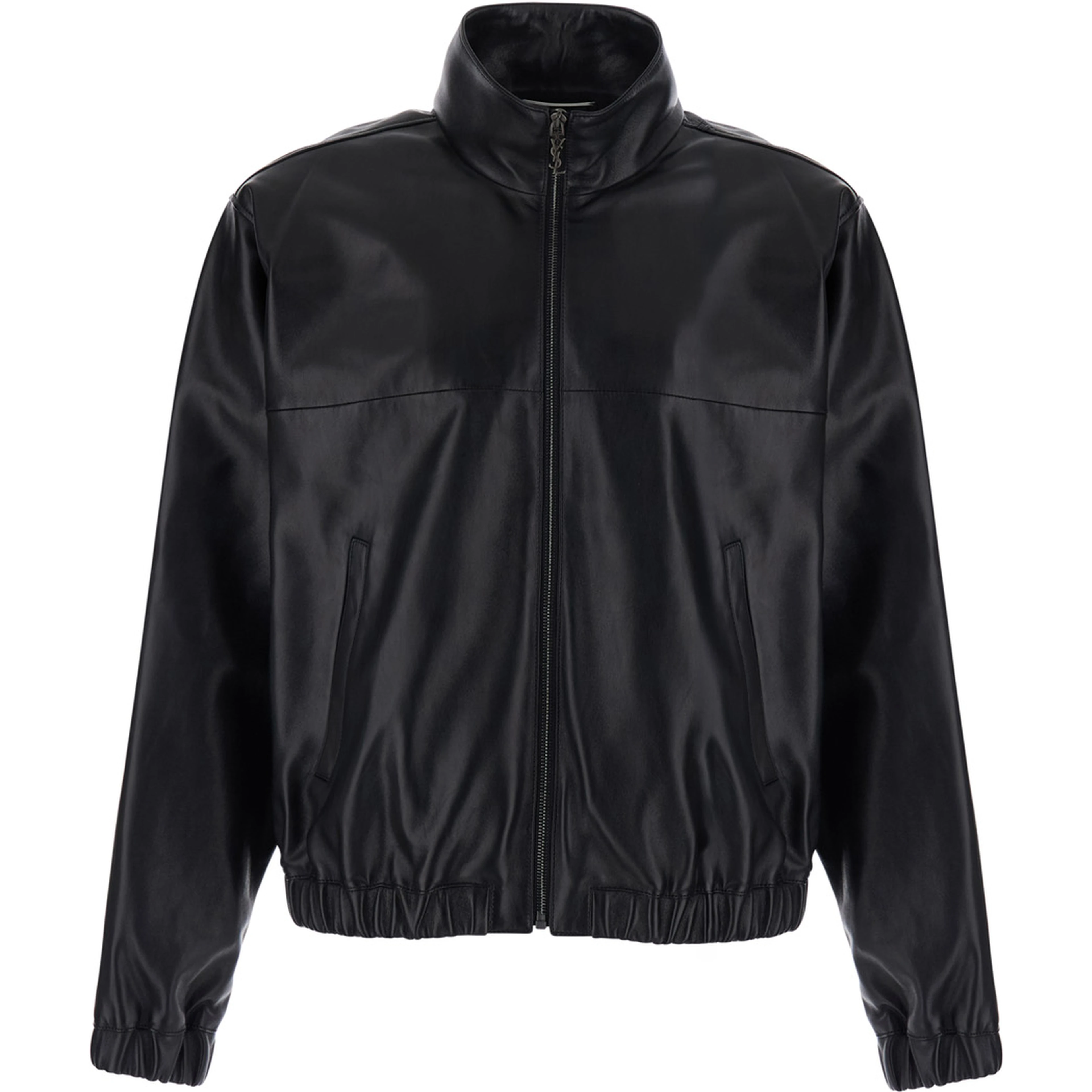 Black High Collar Jacket with Front Zip Closure and Cassandre Plaque on Zipper Pull in Leather for Men
