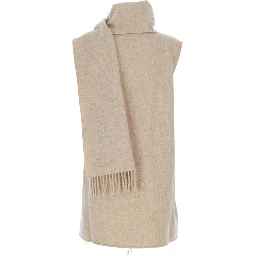 Beige Scarf with fringed edge details in wool for women
