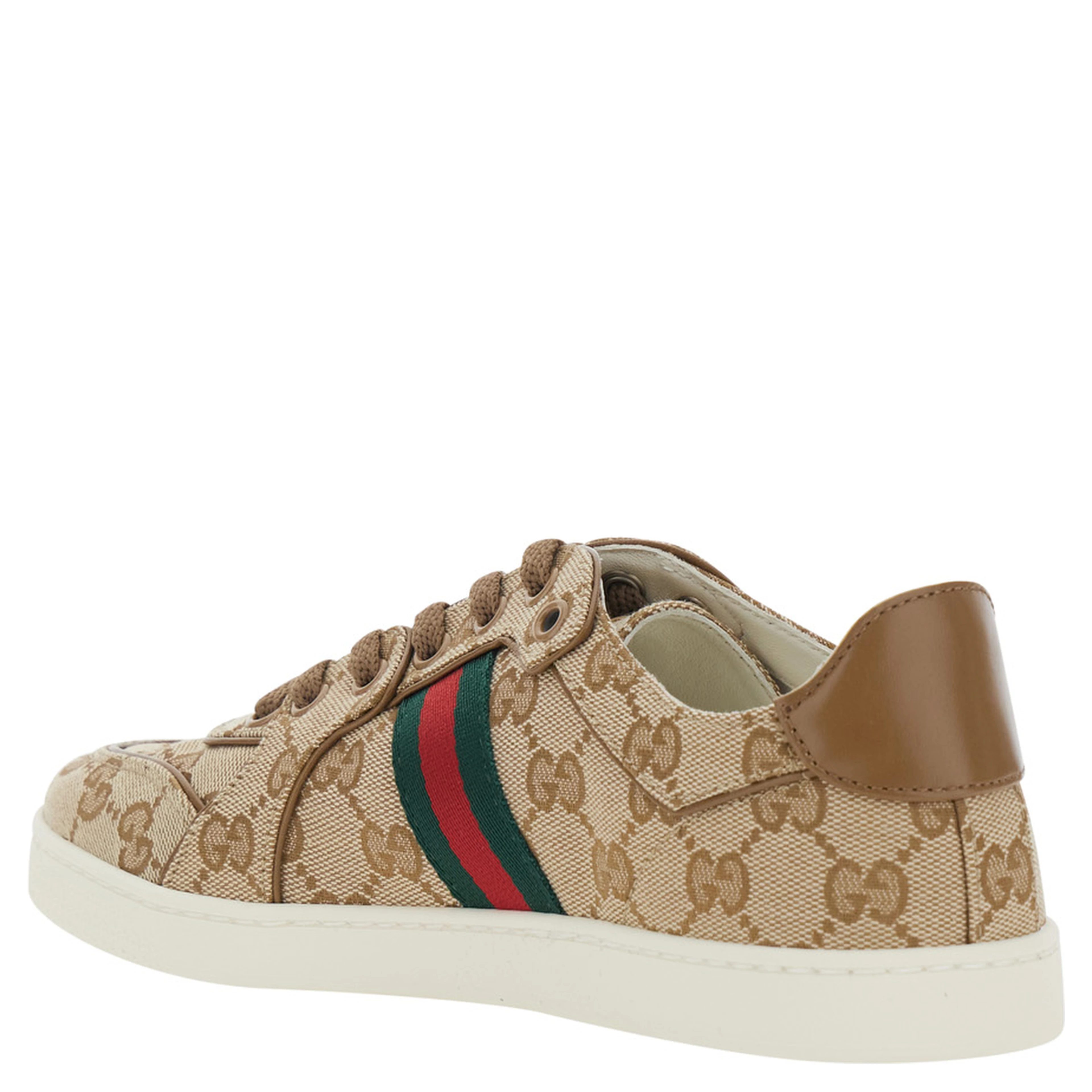Stretch Beige Sneaker with all-over GG motif and Web detail in fabric and leather women