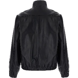 Black High Collar Jacket with Front Zip Closure and Cassandre Plaque on Zipper Pull in Leather for Men