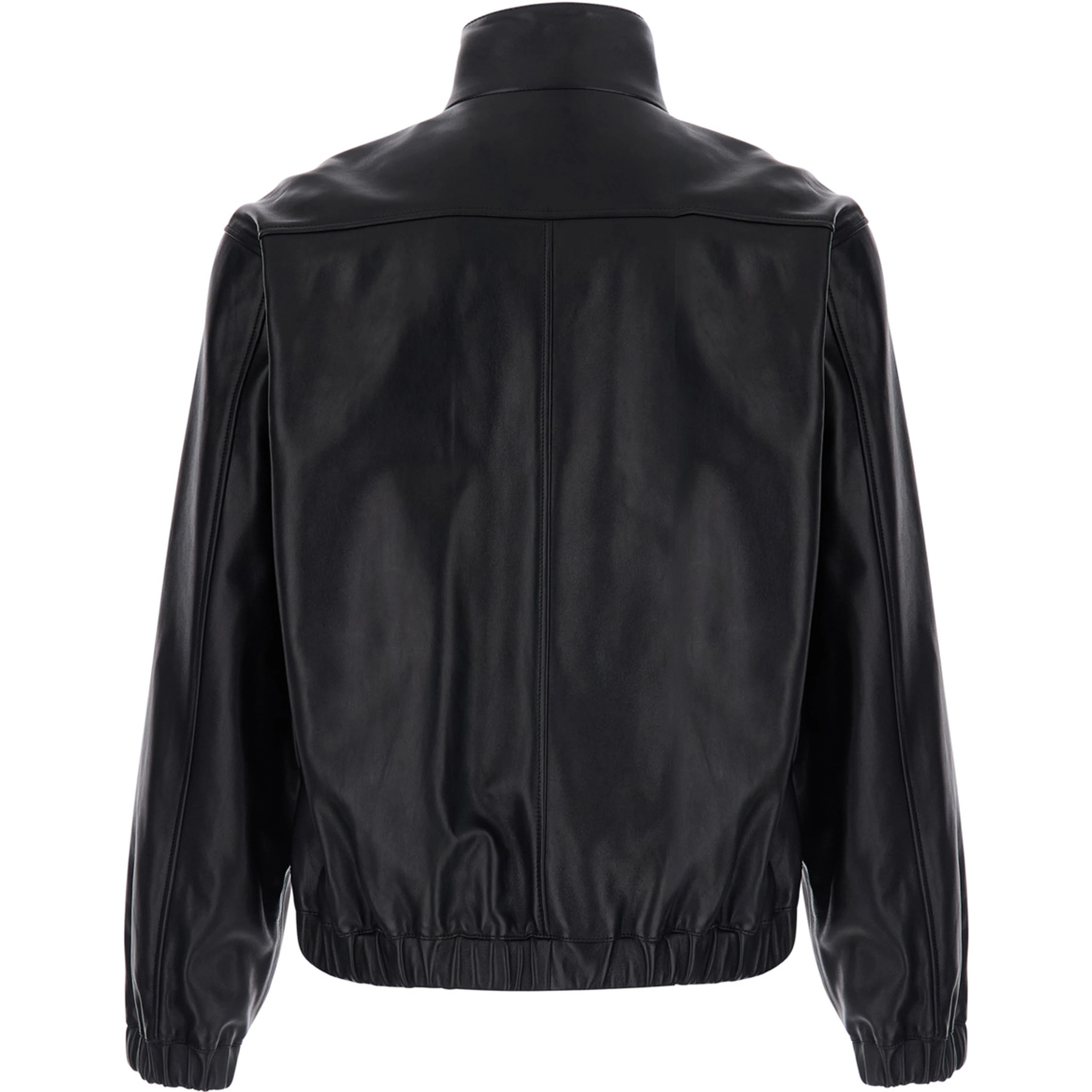 Black High Collar Jacket with Front Zip Closure and Cassandre Plaque on Zipper Pull in Leather for Men