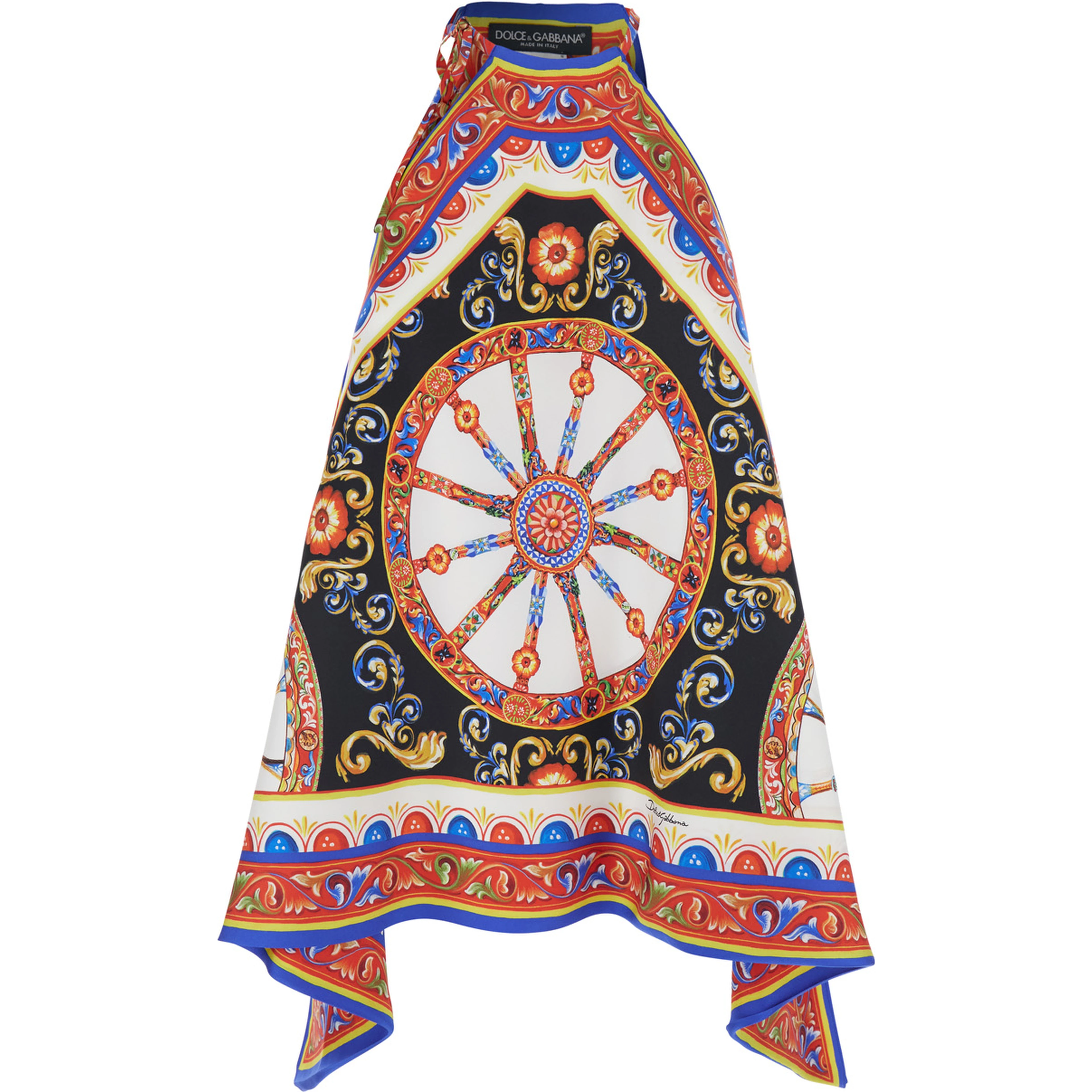 Multicolor Sleeveless Top with Halterneck and All-Over Carretto Motif in Silk for Women