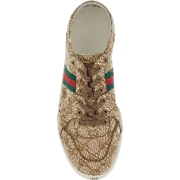 Stretch Beige Sneaker with all-over GG motif and Web detail in fabric and leather women
