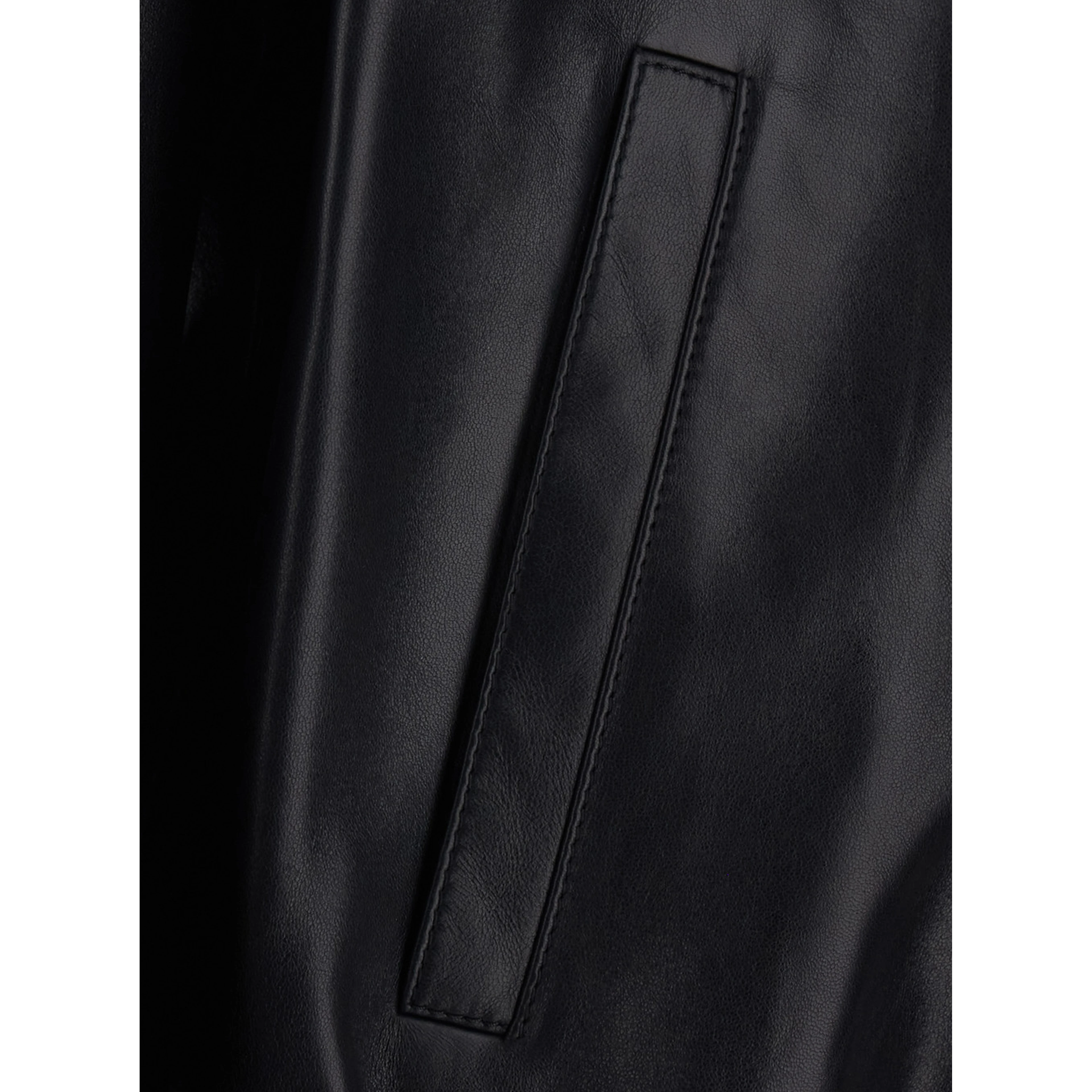 Black High Collar Jacket with Front Zip Closure and Cassandre Plaque on Zipper Pull in Leather for Men