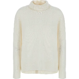Heidi White Sweater with High Neck and Ribbed Trims in Cashmere for Women