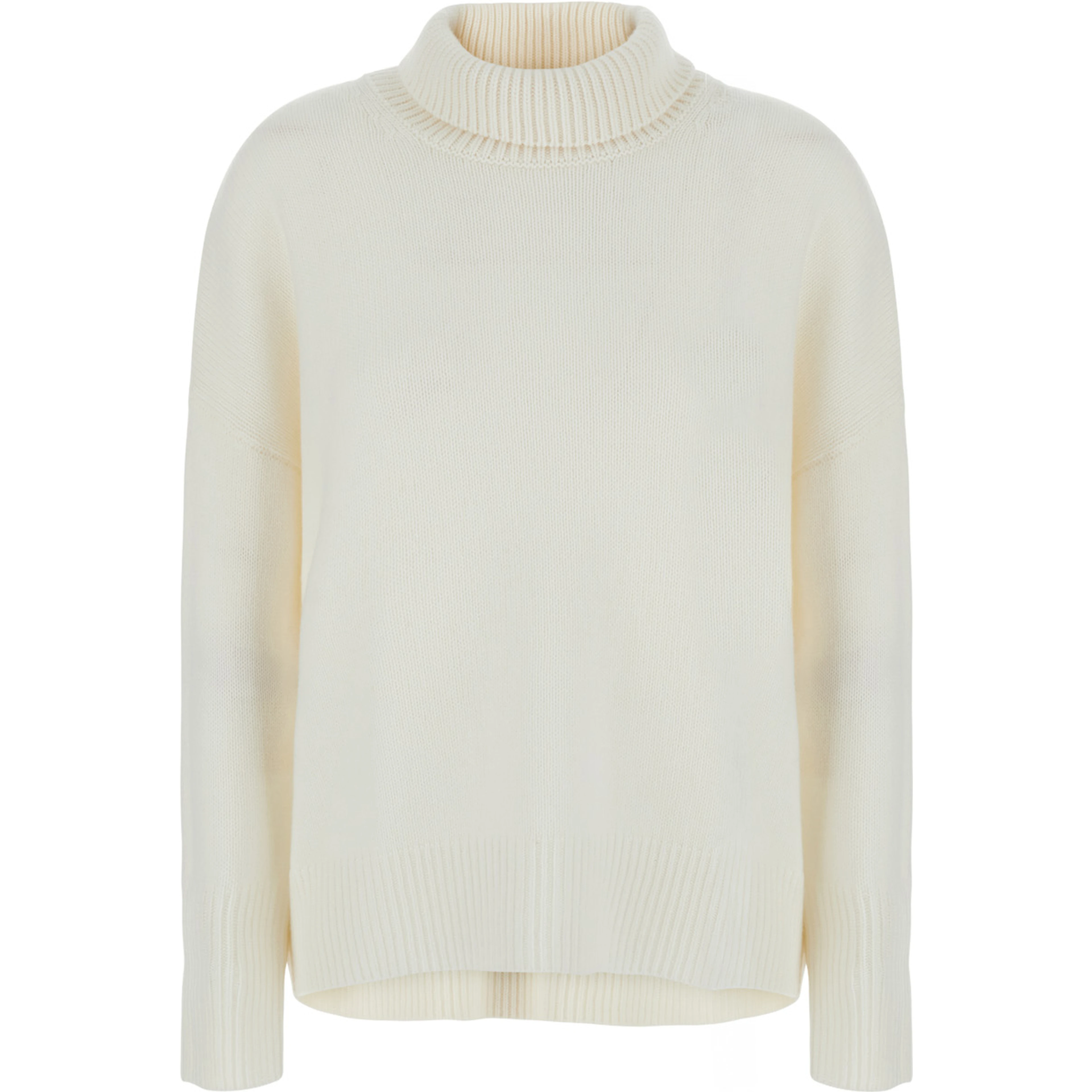 Heidi White Sweater with High Neck and Ribbed Trims in Cashmere for Women