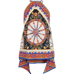 Multicolor Sleeveless Top with Halterneck and All-Over Carretto Motif in Silk for Women